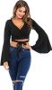 Women's Sexy Tie Up Crop Top Ladies Flared Sleeve Deep V Neck Casual Basic T Shirt - BLACK-XL