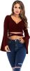 Women's Sexy Tie Up Crop Top Ladies Flared Sleeve Deep V Neck Casual Basic T Shirt - RED-M