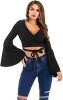 Women's Sexy Tie Up Crop Top Ladies Flared Sleeve Deep V Neck Casual Basic T Shirt - BLACK-XL