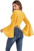 Women's Sexy Tie Up Crop Top Ladies Flared Sleeve Deep V Neck Casual Basic T Shirt - YELLOW-XL