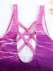 Ombre Purple Color Criss Cross Lace Up Back High Cut Tummy Control One Piece Swimsuit, Women's Swimwear - Dark Violet - S(4)