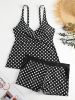 Solid Color Polka Dot Two Pieces Swimsuit, V Neck Mid-Stretch Boxer Short Bottom Bathing Suit, Women's Swimwear & Clothing - Green - XL(12)