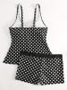 Solid Color Polka Dot Two Pieces Swimsuit, V Neck Mid-Stretch Boxer Short Bottom Bathing Suit, Women's Swimwear & Clothing - Green - XL(12)